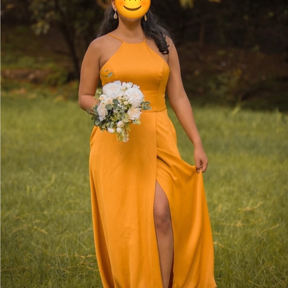 David's Bridal Gold Halter Bridesmaid Gown with Slit